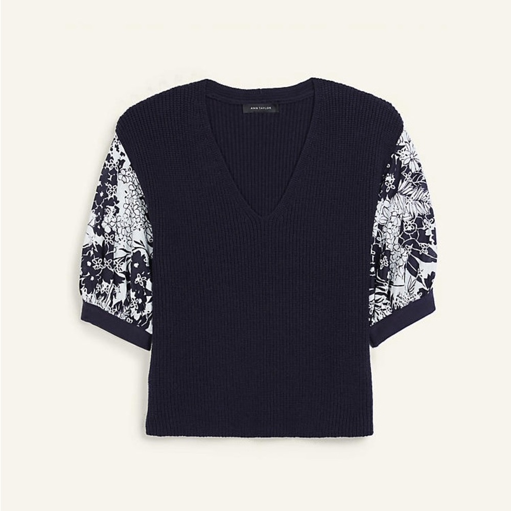 Ann Taylor Navy and White Floral Mixed Media Eyelet Puff Sleeve Sweater Small